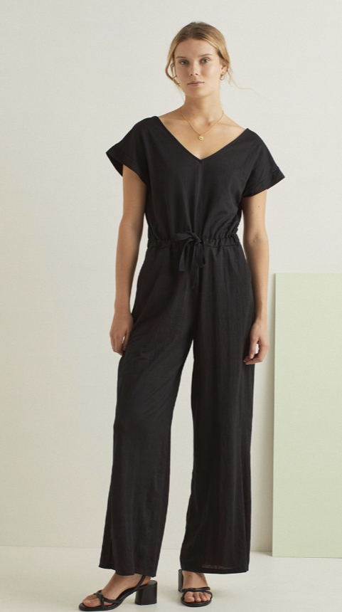 SHORT-SLEEVE V-NECK JUMPSUIT BLACK